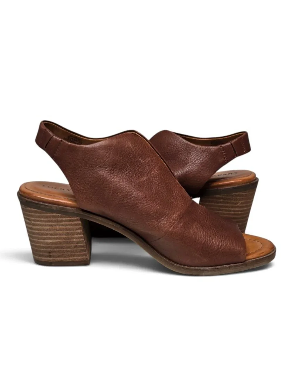 Lucky Brand Rhazy Leather Slingback Heels Pebble Brown Cut Out Front Slit 8.5